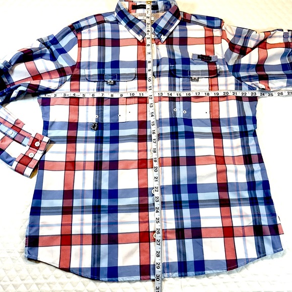 Columbia Super Bahama PFG Button Up. Large. Red, Blue & White Plaid. NWOT. - Picture 5 of 10